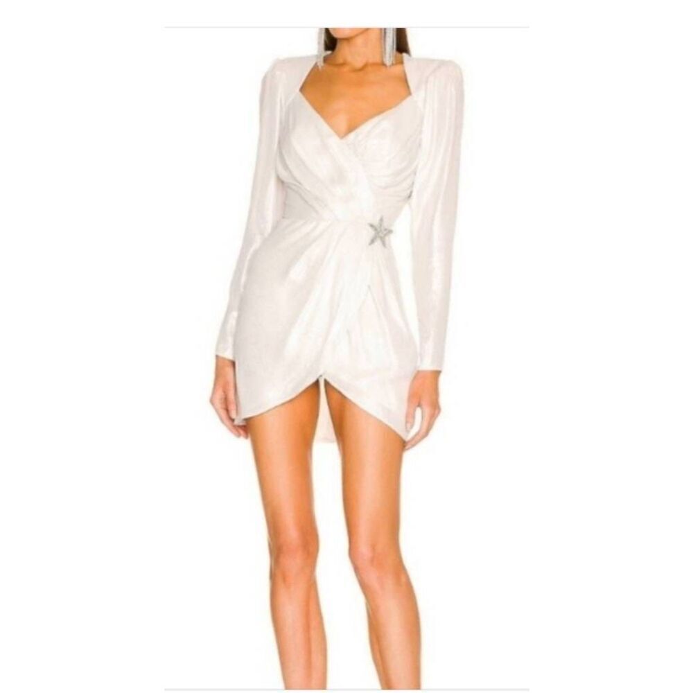 Dundas X Revolve Harlow Metallic Ivory Mini Wrap Dress, Long Slv.,  NWT, XXS